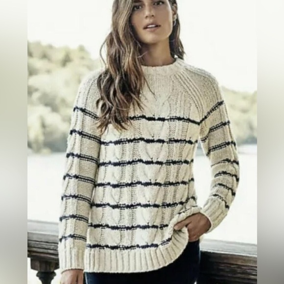 J. Jill Sweaters - J.Jill Womens Sweater Ivory Blue Stripe Cable Knit Nautical Crew Neck SZ Large